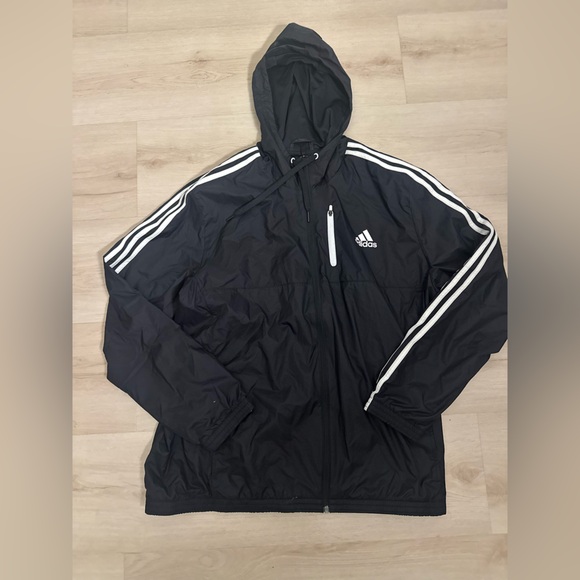 ADIDAS Black w/White Trim Men’s XL Nylon Fully Lined Hooded Windbreaker Jacket - Picture 10 of 12